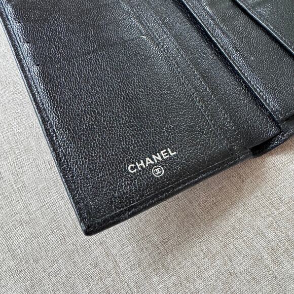 CHANEL Logo Leather Tri-fold Wallet Silver CC Snap Long Card Pouch Envelope - Picture 7 of 9